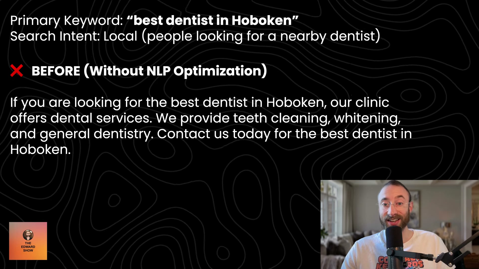 BEFORE NLP optimization: keyword-stuffed copy that repeats 'best dentist in Hoboken' but signals nothing about services, location context, or patient intent.