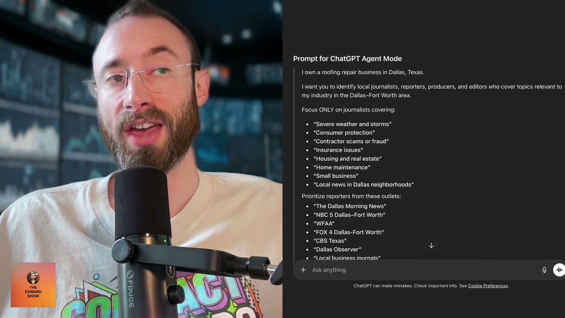 ChatGPT Agent Mode prompt for finding journalists by beat and city — the distribution engine that turns your tool into backlinks.