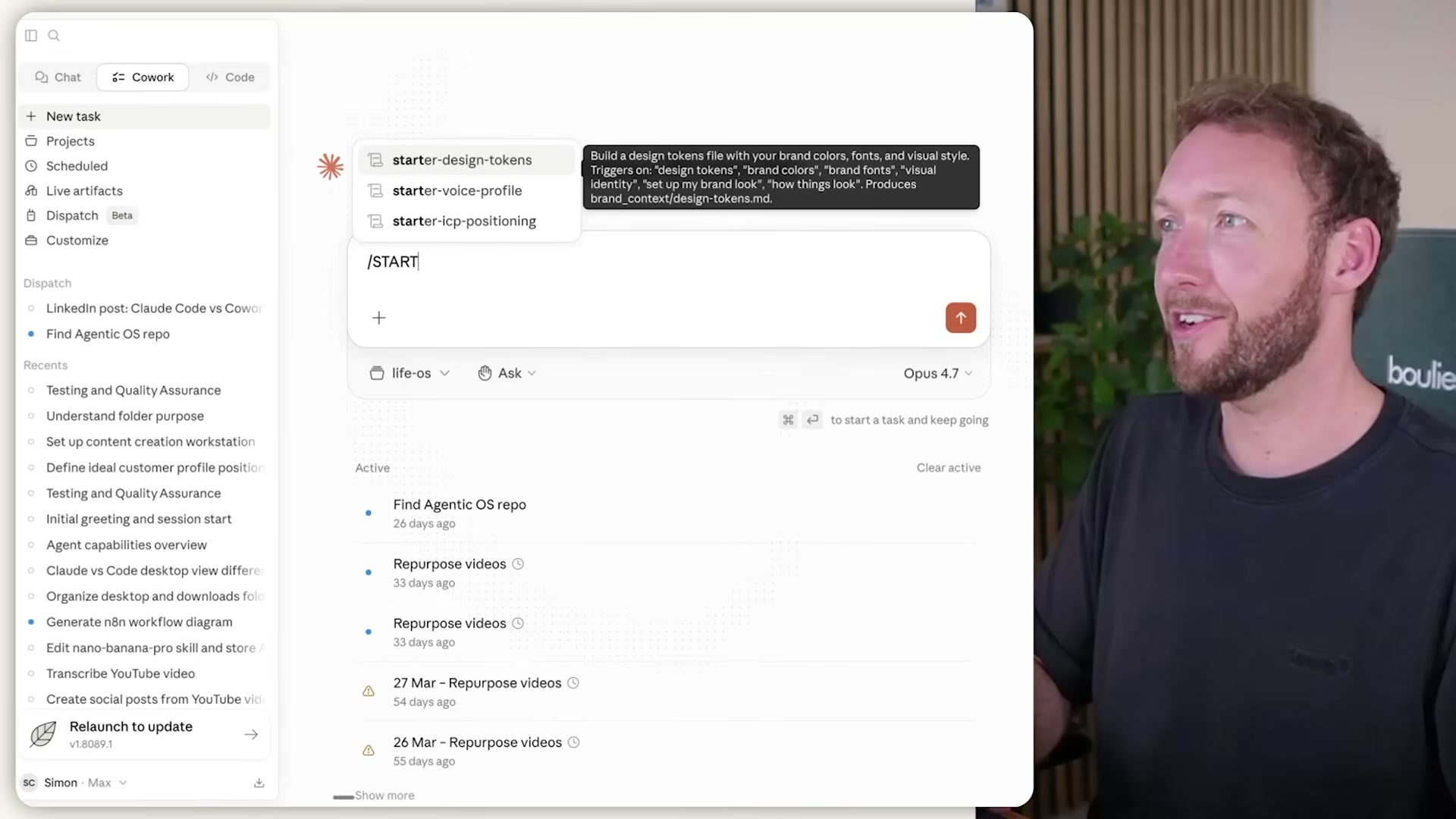 Typing /START in Claude Cowork surfaces your installed starter skills — one slash command launches the full brand setup sequence
