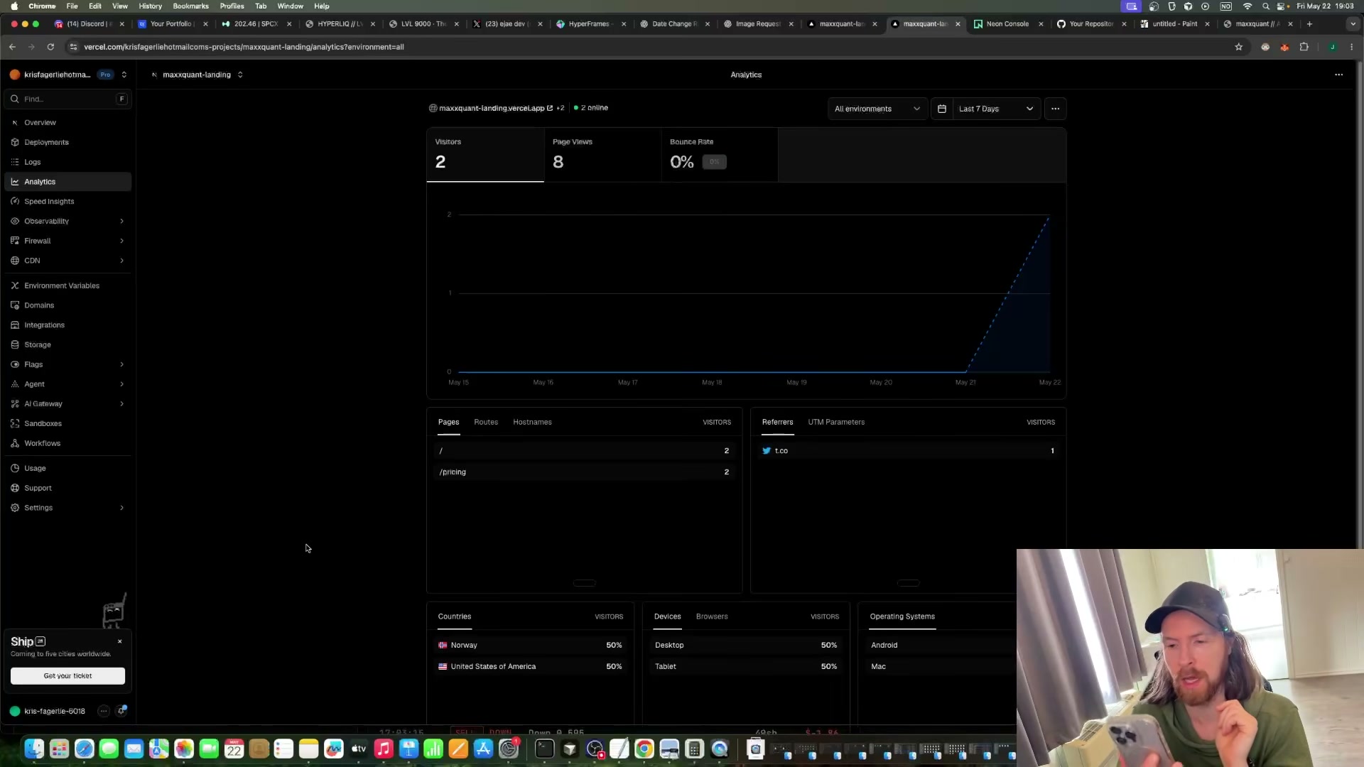 Real traffic arrives: Vercel analytics show visitors from t.co within hours of the fake launch tweet — the FOMO play worked.