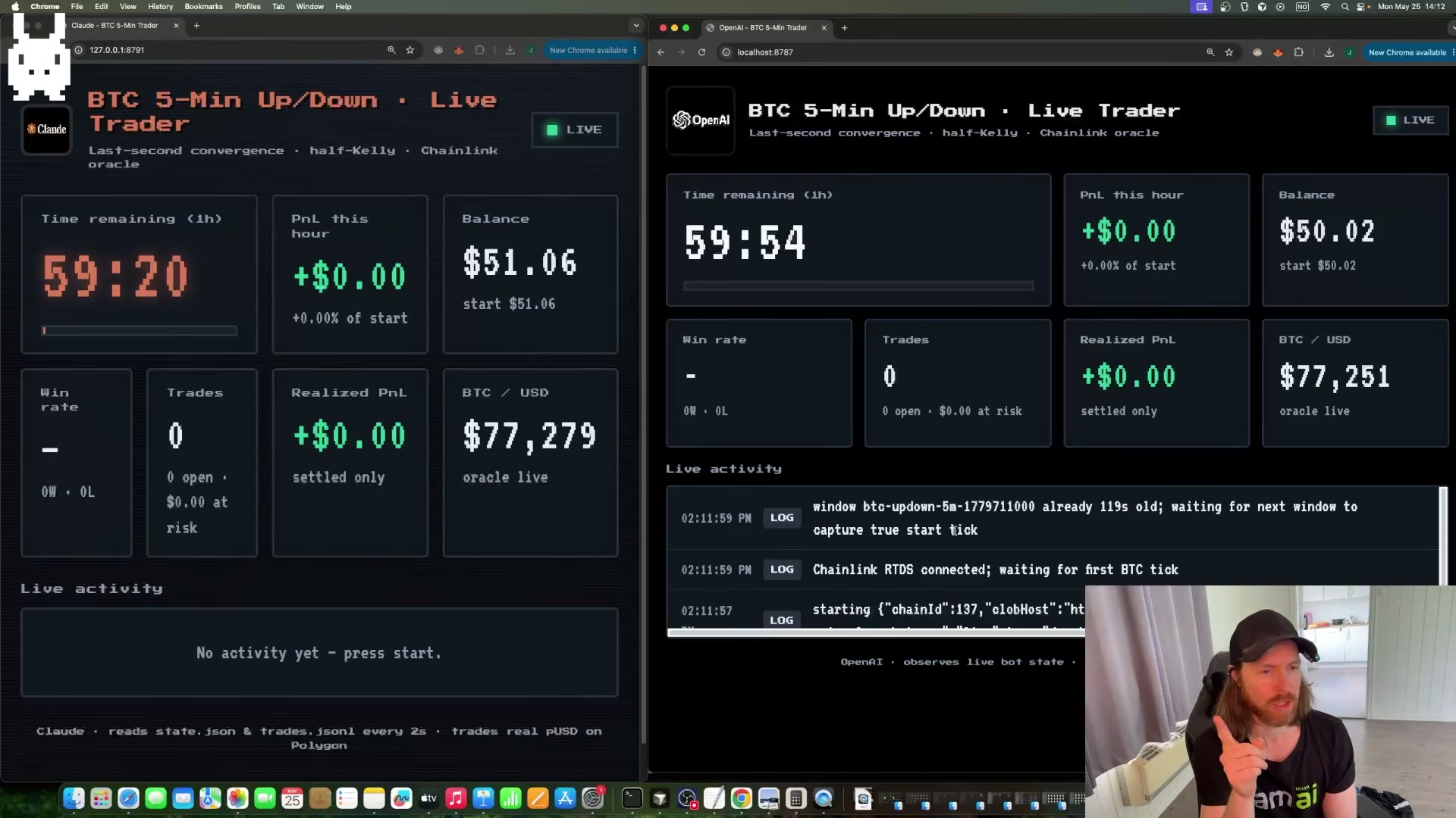 Both bots go LIVE: Claude Code's dashboard (left) and Codex CLI's dashboard (right) — watching Chainlink BTC/USD in real time, hunting for last-second edges.