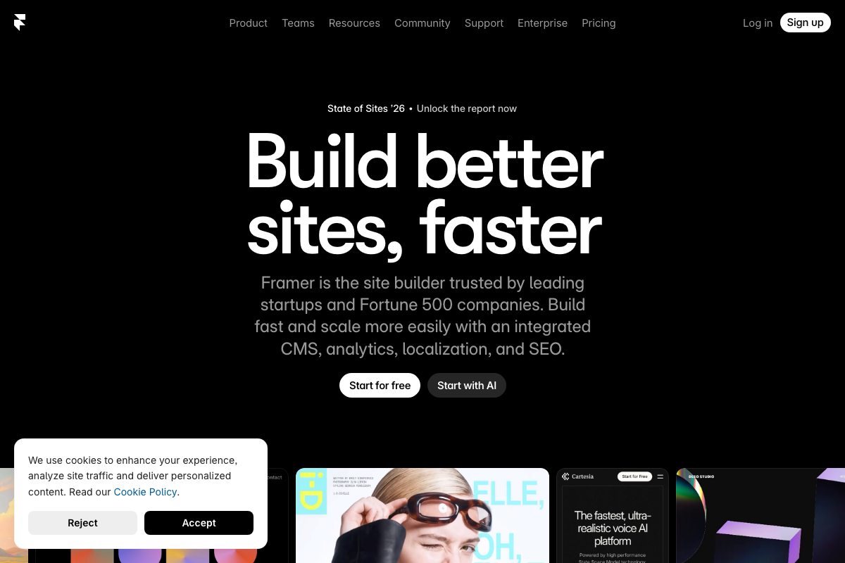 Framer homepage confirming its position as a full site builder with CMS, analytics, localization, and SEO