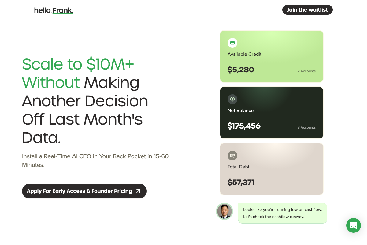 hellofrank.ai homepage showing Real-Time AI CFO positioning, live financial data UI, and the Join the waitlist CTA