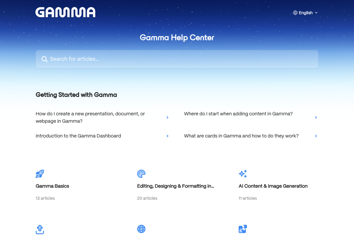 Gamma Help Center homepage at help.gamma.app, confirming Gamma as a live product with an official Getting Started path.