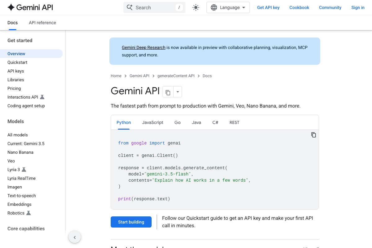 Gemini API docs overview page showing Gemini 3.5 as the current model and gemini-3.5-flash in the quickstart code example