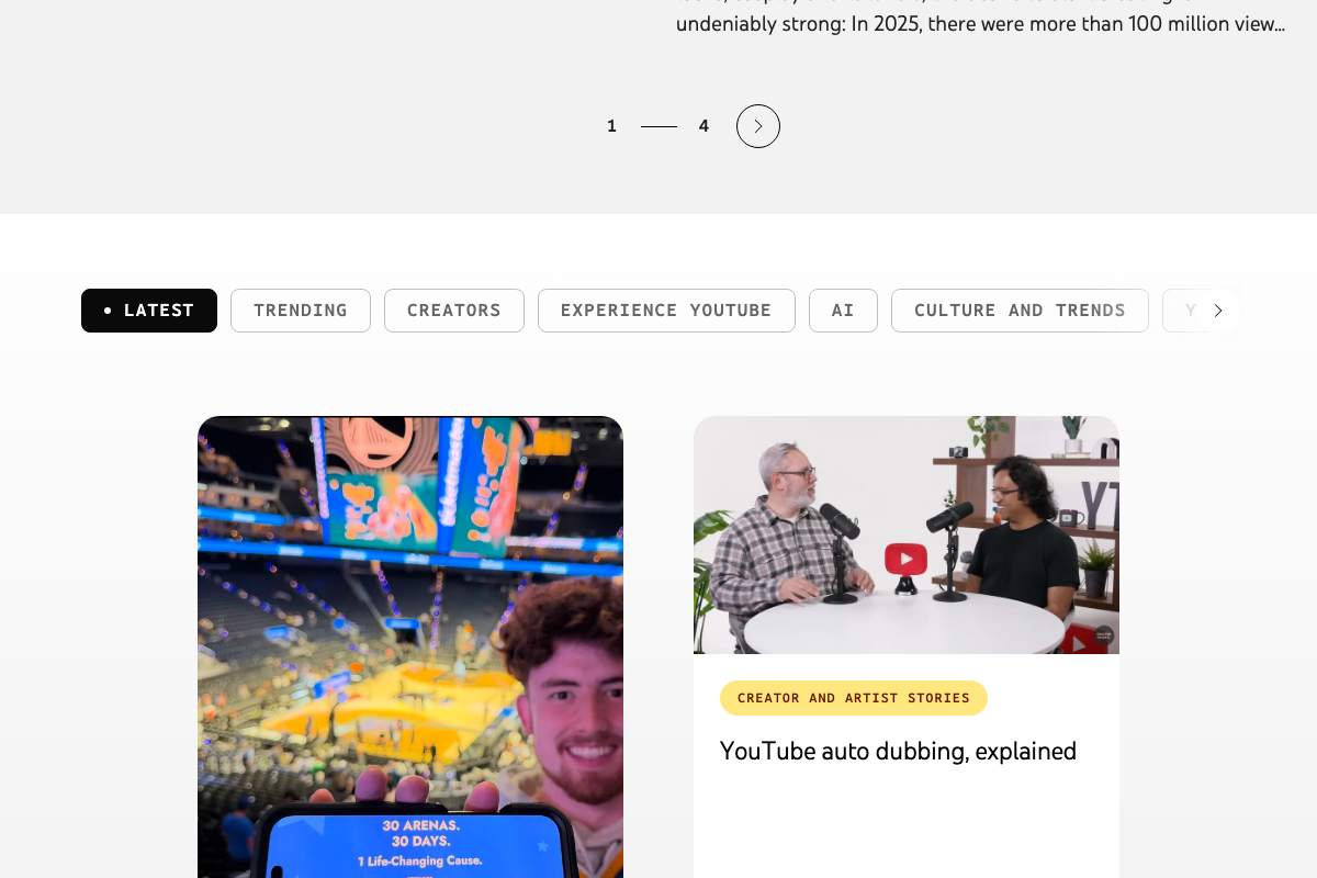 YouTube Official Blog listing page showing the AI category filter tab — no Gemini Omni Shorts remix announcement was found in any captured frame