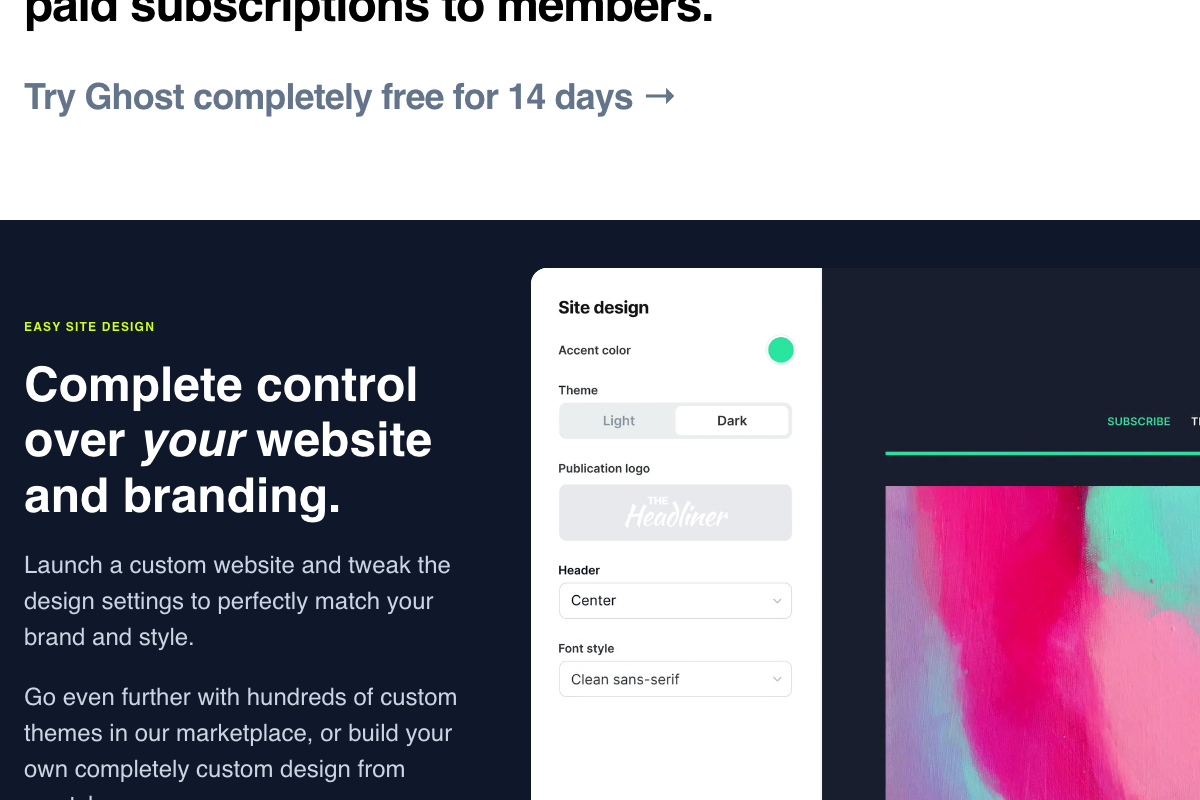 Ghost site design panel showing accent color, theme, logo, header, and font controls — all no-code