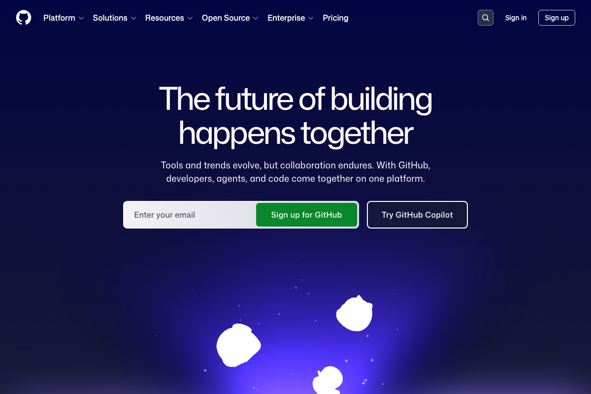 GitHub homepage confirming its role as the code hosting layer between Claude Code output and Vercel deployment