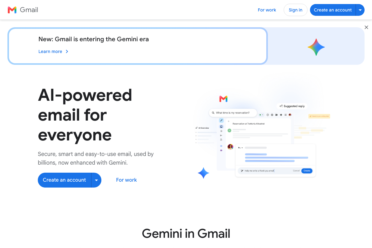 Gmail homepage — AI features shown here are Gemini-powered; a Cowork connector would access Gmail via the Gmail API independently.