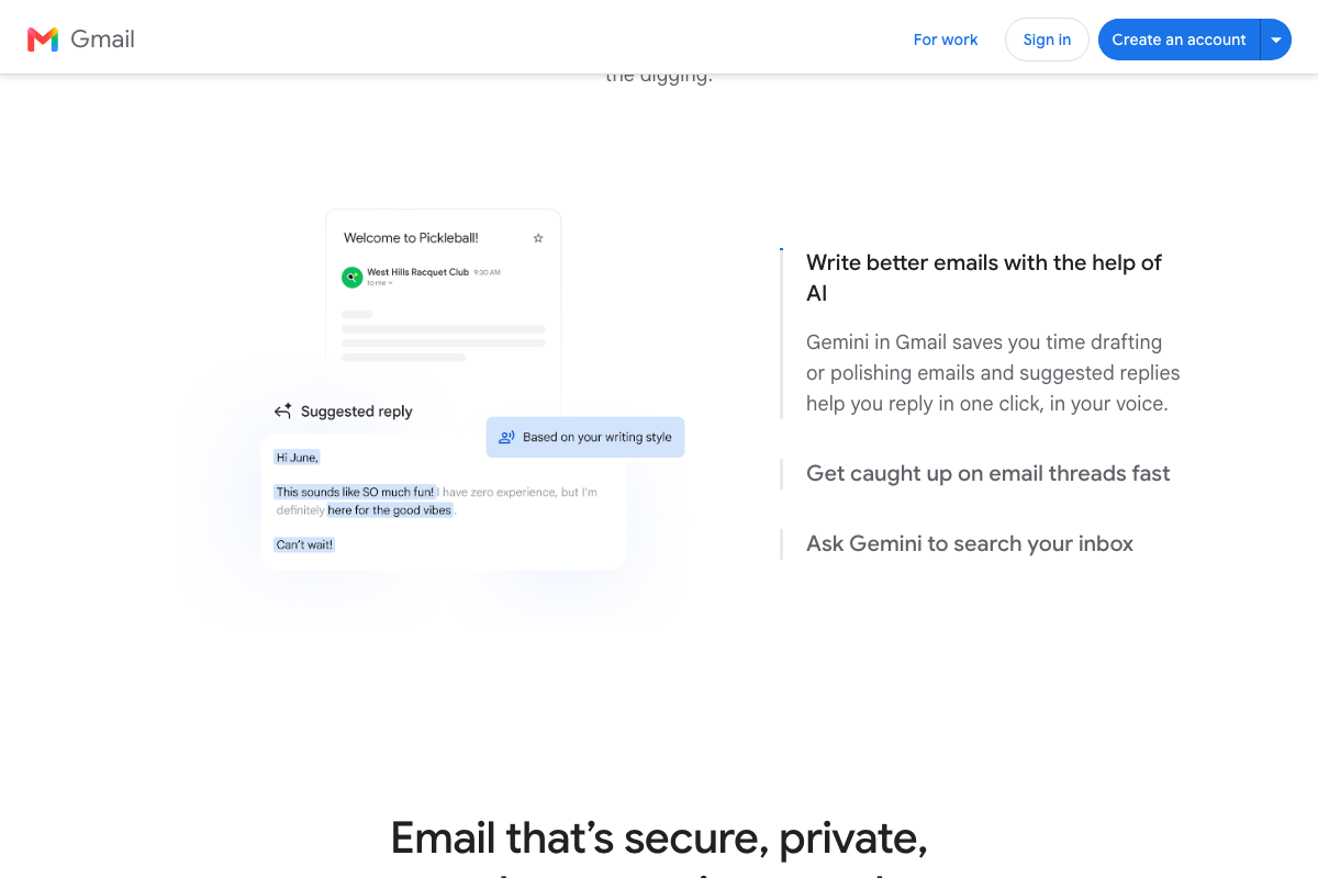 Gmail features page listing Gemini AI capabilities including 'Ask Gemini to search your inbox', AI-assisted writing, and thread summarization
