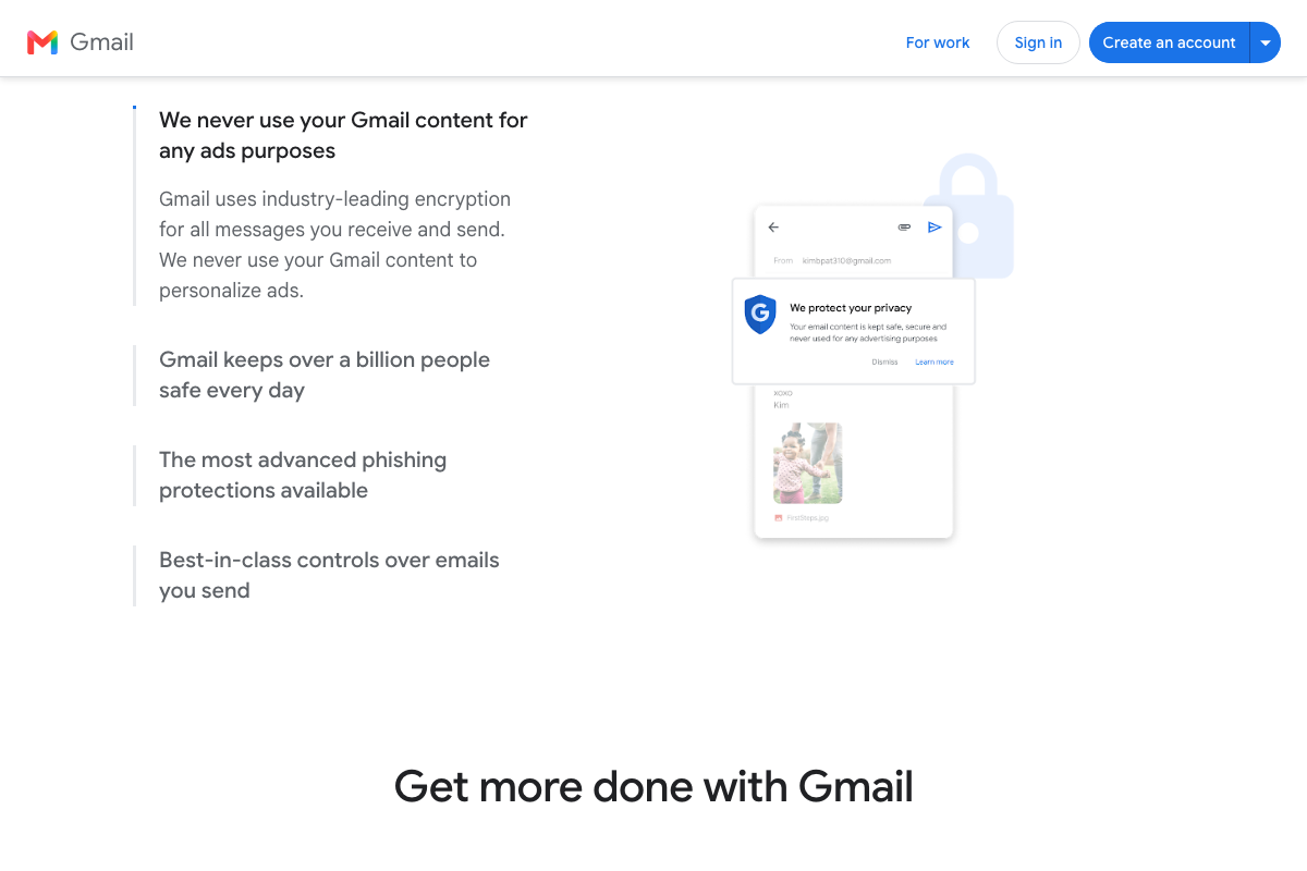 Gmail privacy and security section stating Gmail content is never used for ad personalization and is protected by encryption