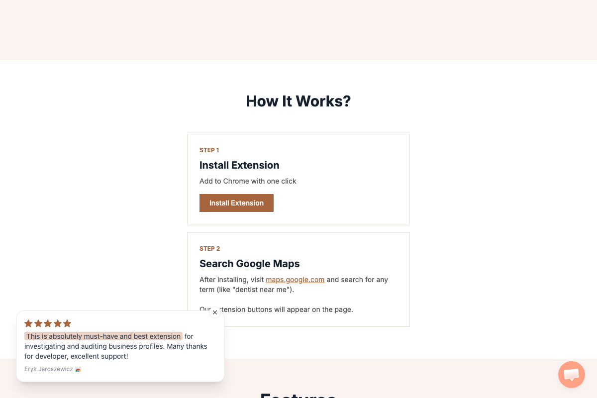 GMB Everywhere 'How It Works' section showing Step 1 (Install Extension via Chrome) and Step 2 (Search Google Maps using any search term)