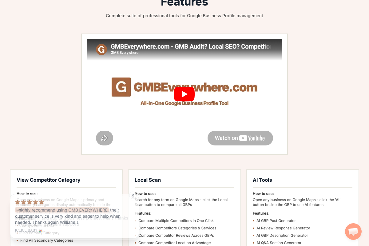 GMB Everywhere features page showing 'View Competitor Category', 'Local Scan' (compare competitors in one click), and 'AI Tools' (AI Post Generator, AI Review Response Generator) feature cards