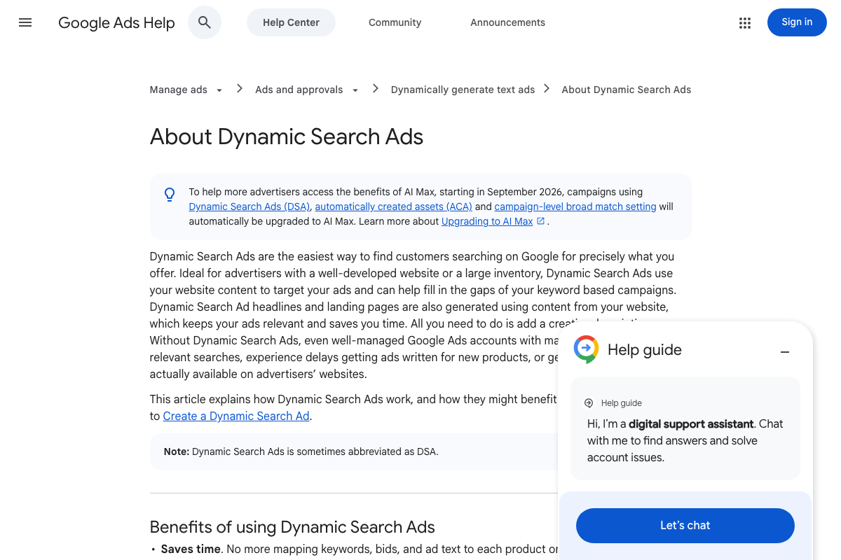 Google Ads Help: 'About Dynamic Search Ads' — includes a notice that DSA campaigns will be automatically upgraded to AI Max starting September 2026