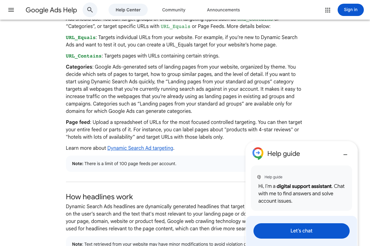 DSA targeting options: URL_Equals, URL_Contains, Categories, and Page feed — Experiment 3 used full URL expansion with no page feed restrictions, equivalent to the broadest DSA targeting mode