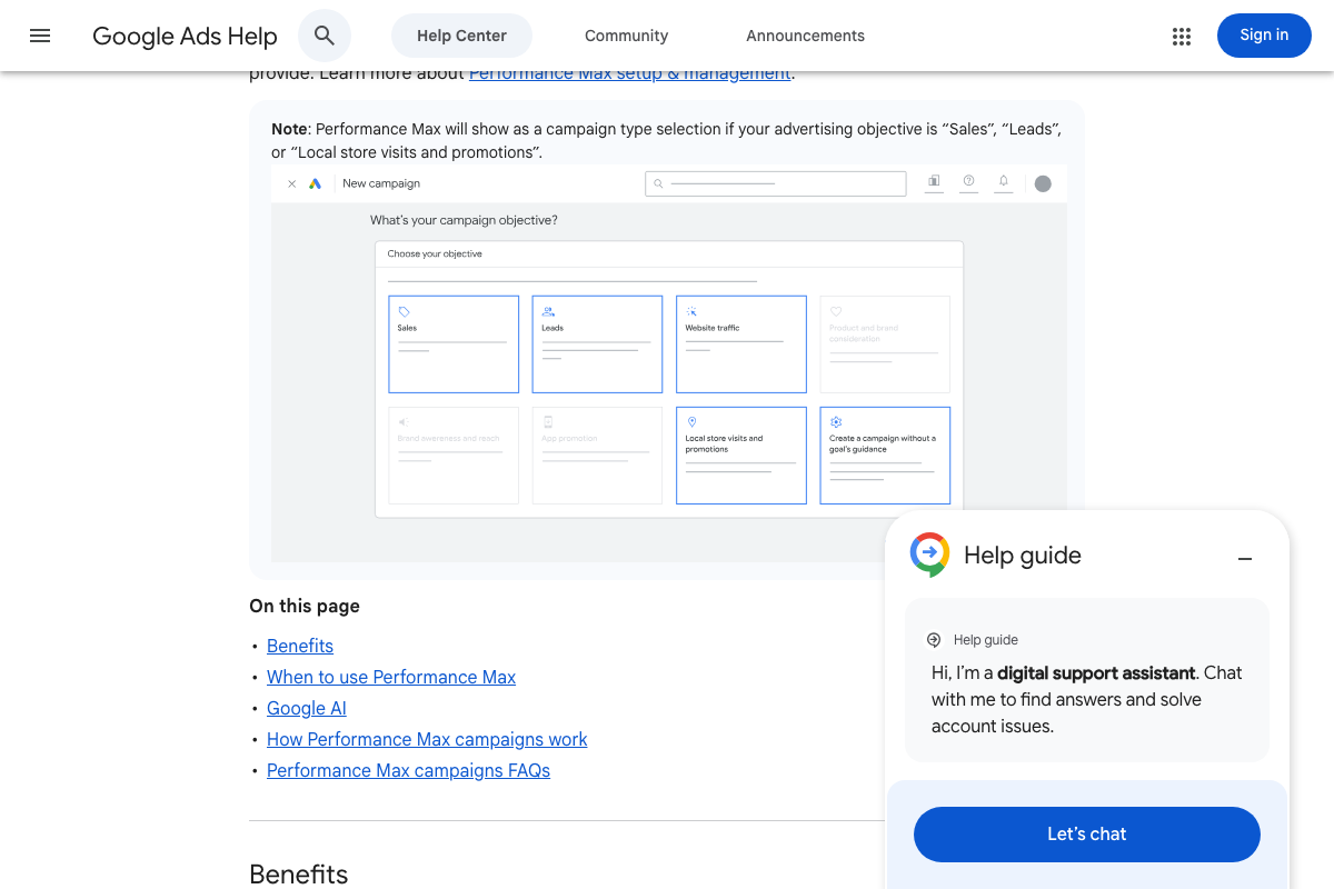 Google Ads Help — PMax documentation includes a dedicated 'When to use Performance Max' section, confirming Google publishes readiness guidance for PMax that has no documented equivalent for AI Max in these screenshots.