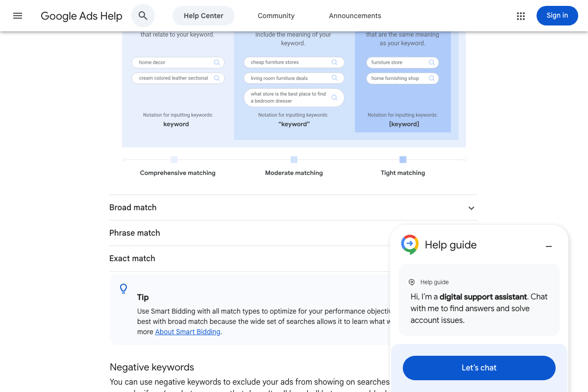 Google Ads Help — official match type diagram; Smart Bidding is explicitly recommended alongside broad match: 'best with broad match because the wide set of searches allows it to learn what works.'