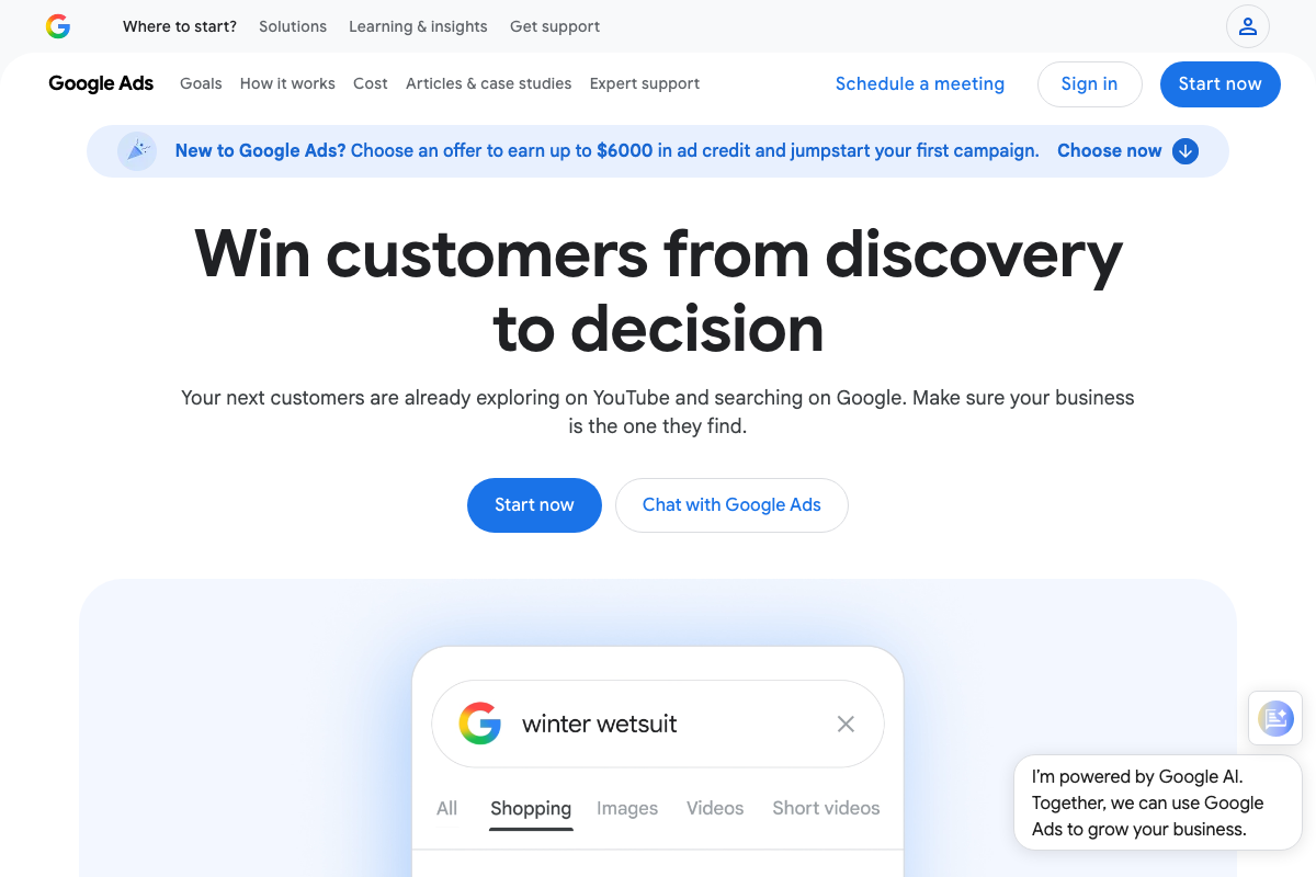 Google Ads homepage showing the new advertiser promotional credit offer of up to $6,000 and full-funnel 'discovery to decision' positioning.