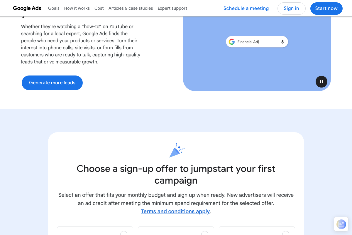 Google Ads Lead Generation section listing phone calls, site visits, and form fills as supported conversion types alongside the new advertiser campaign sign-up offer.