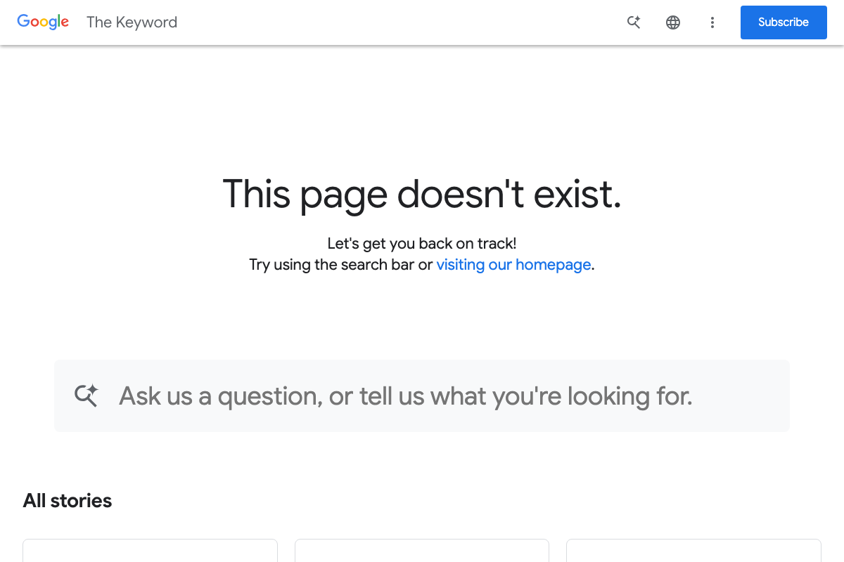 Google's Keyword blog returns a 404 error for the AI Overviews documentation URL — the referenced page no longer exists