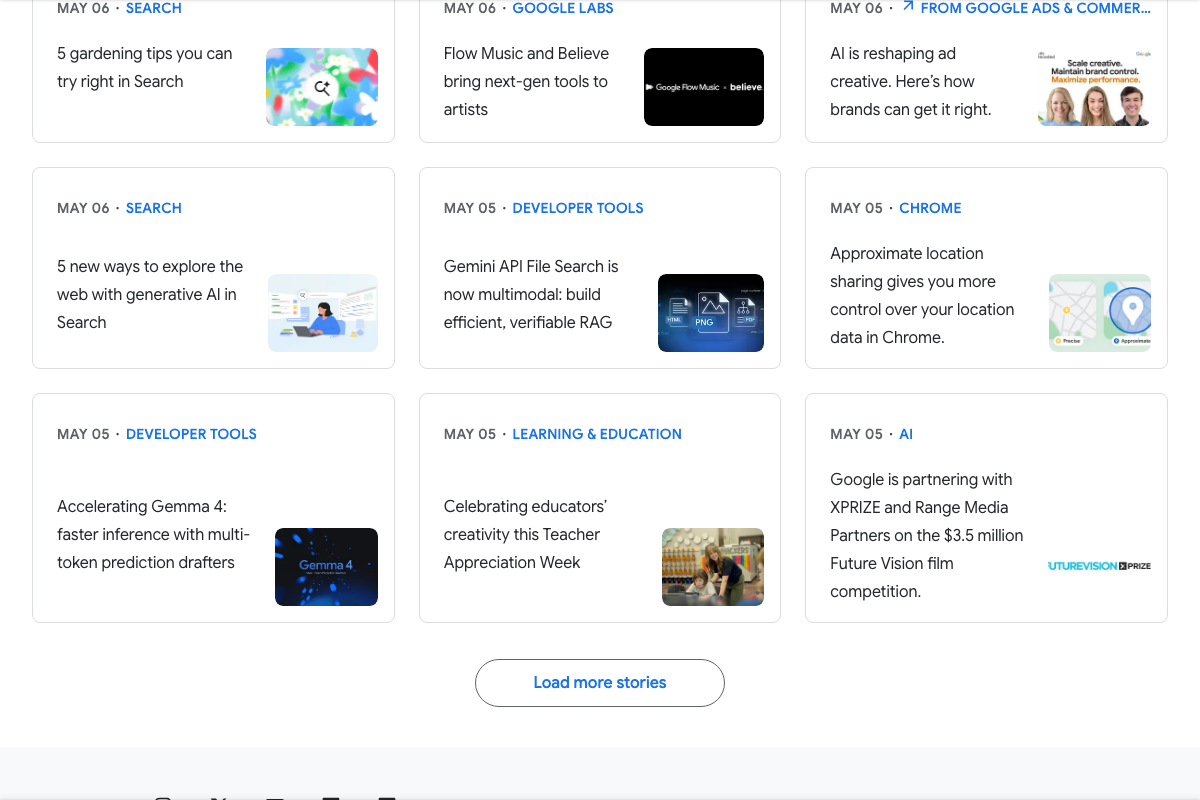 Google's Keyword blog homepage showing recent AI in Search articles after the target URL returned a 404 error