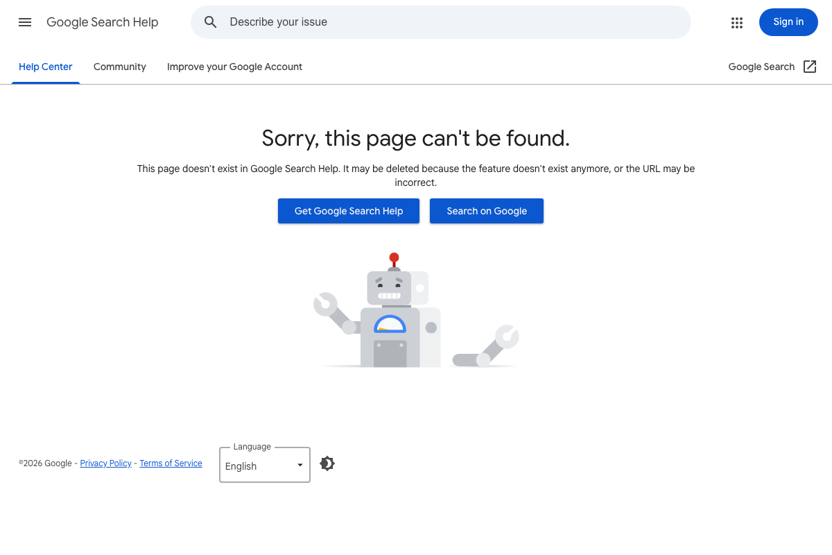 Second capture of the 404 error at support.google.com/websearch/answer/13743214 — page consistently absent across all three documentation attempts.