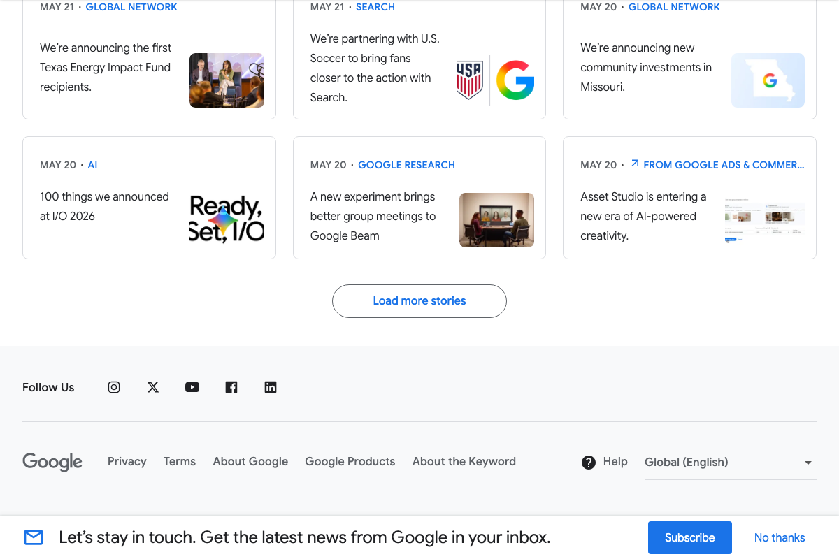 The Keyword blog homepage confirming Google I/O 2026 advertising and AI announcements, May 20–22, 2026.