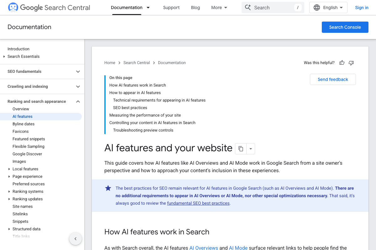 Google Search Central: 'There are no additional requirements to appear in AI Overviews or AI Mode, nor other special optimizations necessary'