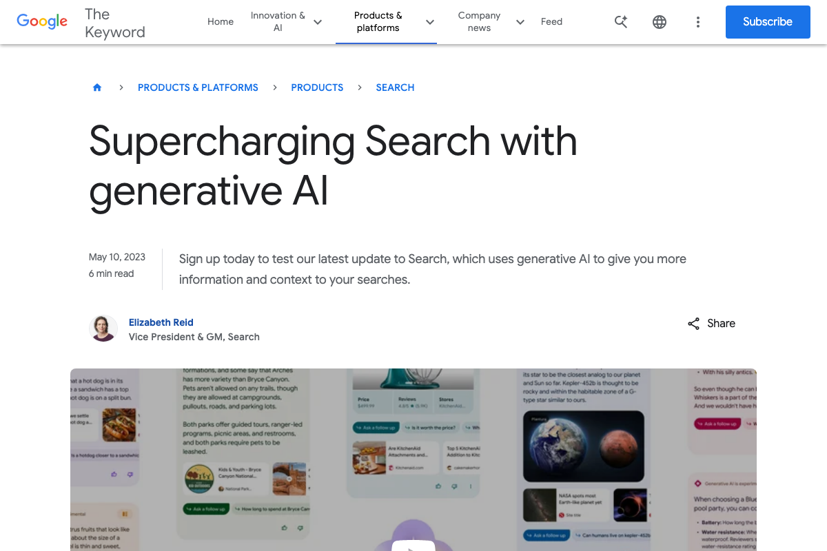 Google blog post from May 2023 documenting the experimental Search Labs generative AI feature — a predecessor to current AI Overviews.