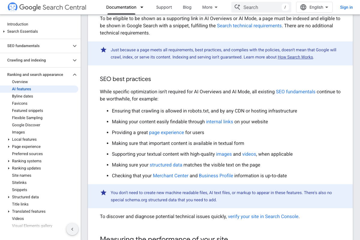 Google Search Central documentation confirming that Google Search indexing is a prerequisite for AI Overviews and AI Mode eligibility