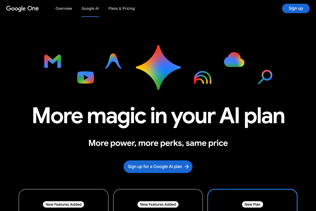 Google One 'More magic in your AI plan' hero page with a 'See what launched at Google I/O 2026' callout confirming the event context.