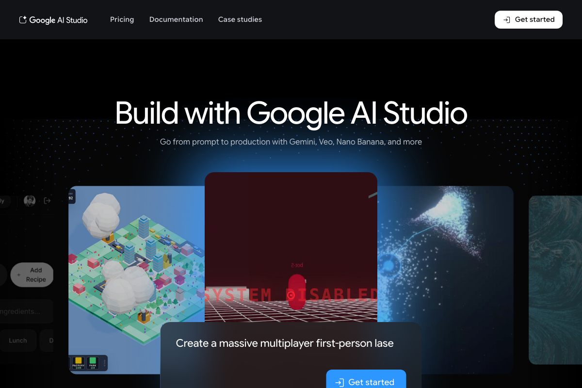 Google AI Studio homepage — the interface Martin used to request a client-side JavaScript tool