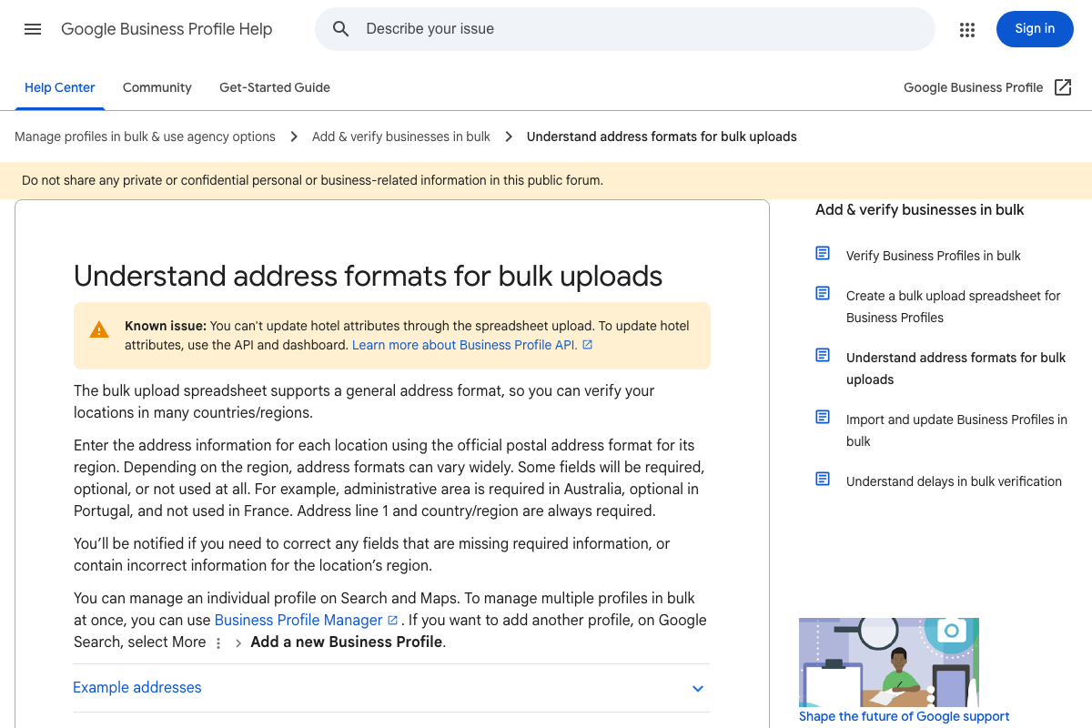 Google Business Profile Help Center: bulk upload address formatting confirming GBP's structured NAP field layout.