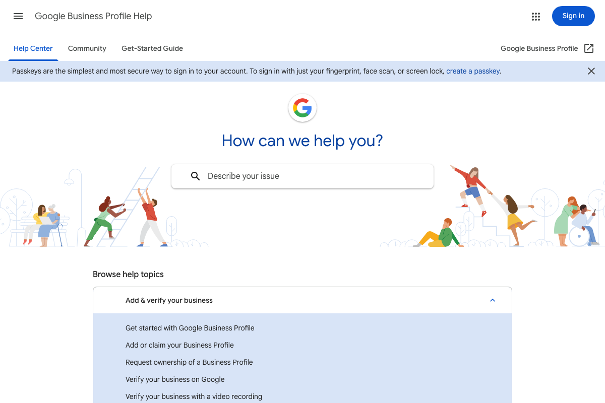 Google Business Profile Help Center homepage showing topic categories including Add & verify your business, with subtopics for claiming and verifying a profile