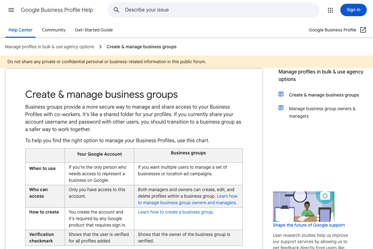 Google Business Profile Help Center: 'Create & manage business groups' page, covering multi-user access management with a comparison table of Your Google Account vs. Business Groups.