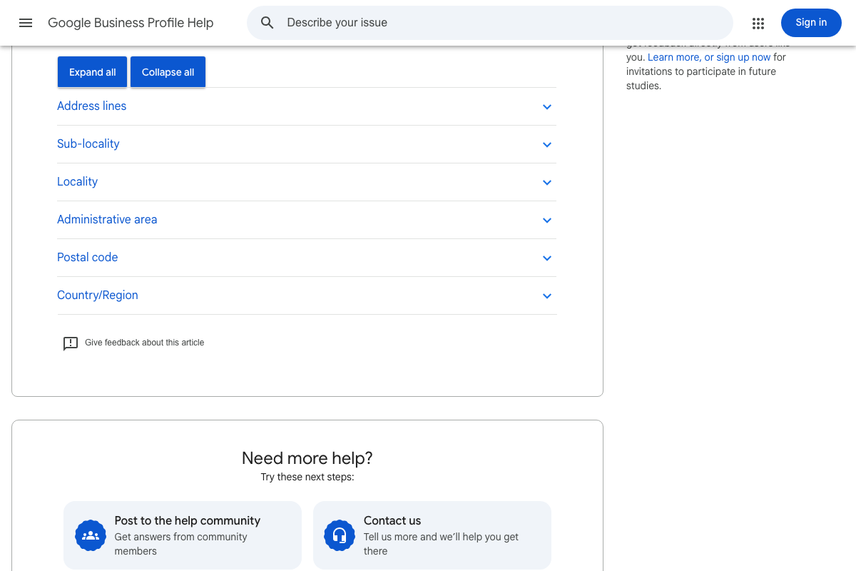 GBP address field breakdown: Address line, Sub-locality, Locality, Administrative area, Postal code, Country/Region — the exact fields your website NAP must match.
