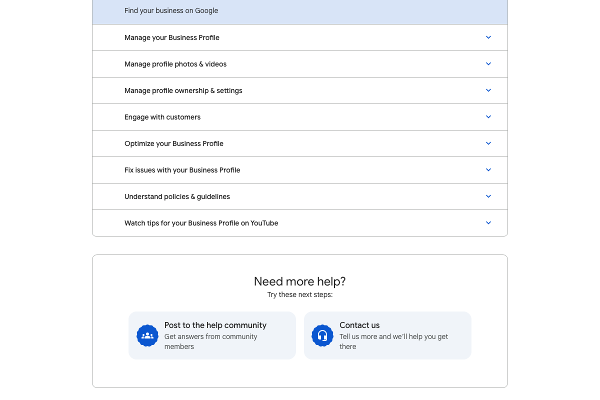 Google Business Profile Help Center topic list showing 'Optimize your Business Profile', 'Manage your Business Profile', and 'Understand policies & guidelines' as official support categories