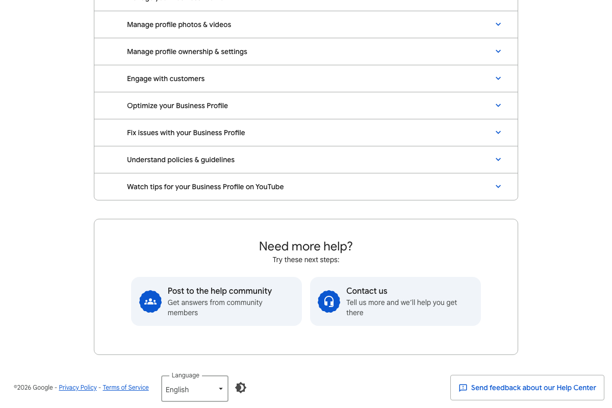 Google Business Profile Help Center lower-page view with a 2026 copyright footer confirming page currency