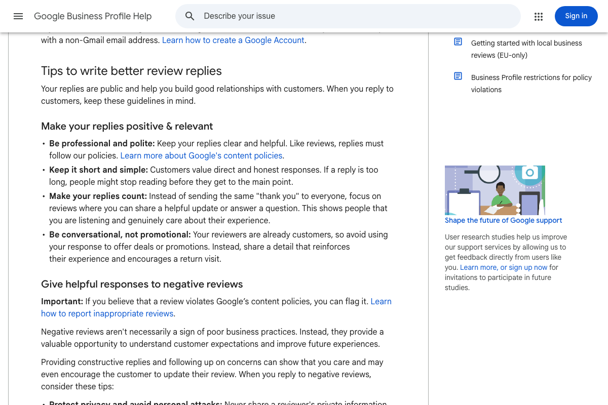 Google Business Profile Help: review reply best practices covering professional tone, brevity, and non-promotional responses.