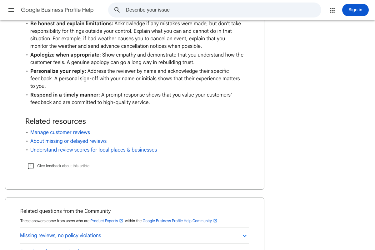 Google Business Profile Help: related resources including 'Understand review scores,' confirming review volume and quality influence local search visibility.