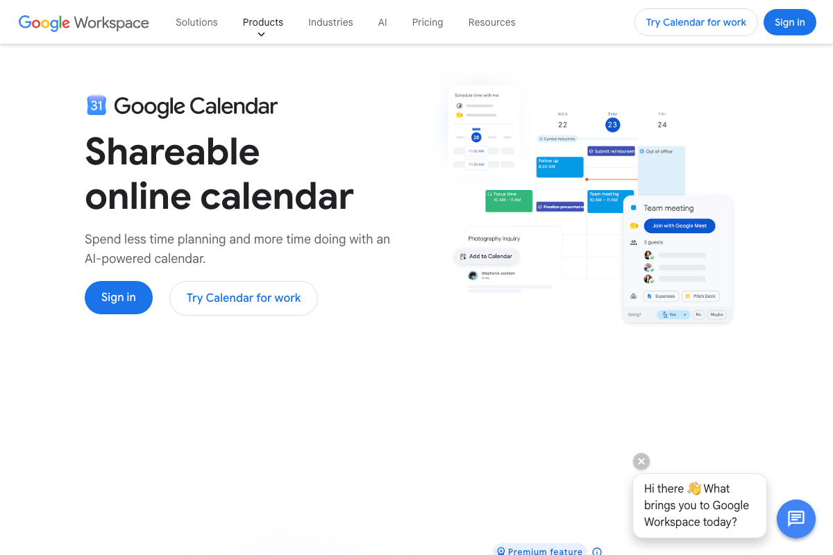 Google Calendar homepage — native AI assistant is Gemini; a Cowork connector would use the Google Calendar API as a separate integration.