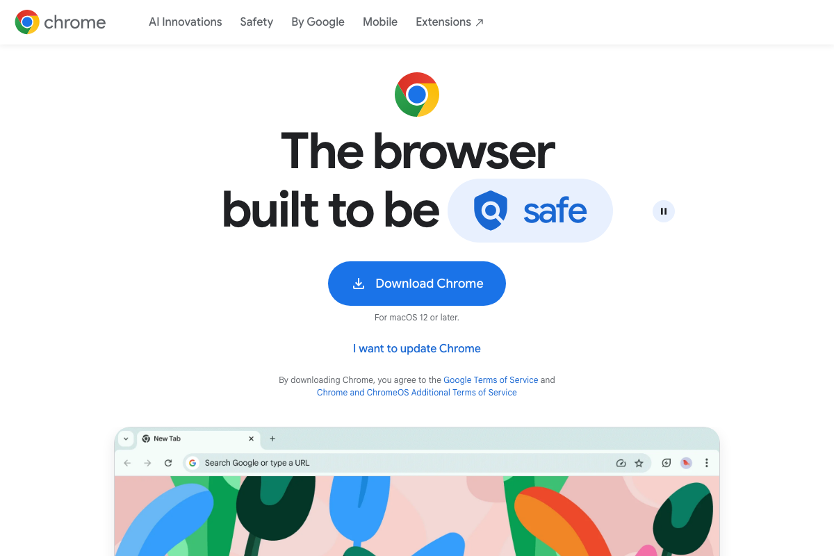 Google Chrome homepage showing the Download Chrome button and macOS 12 or later system requirement