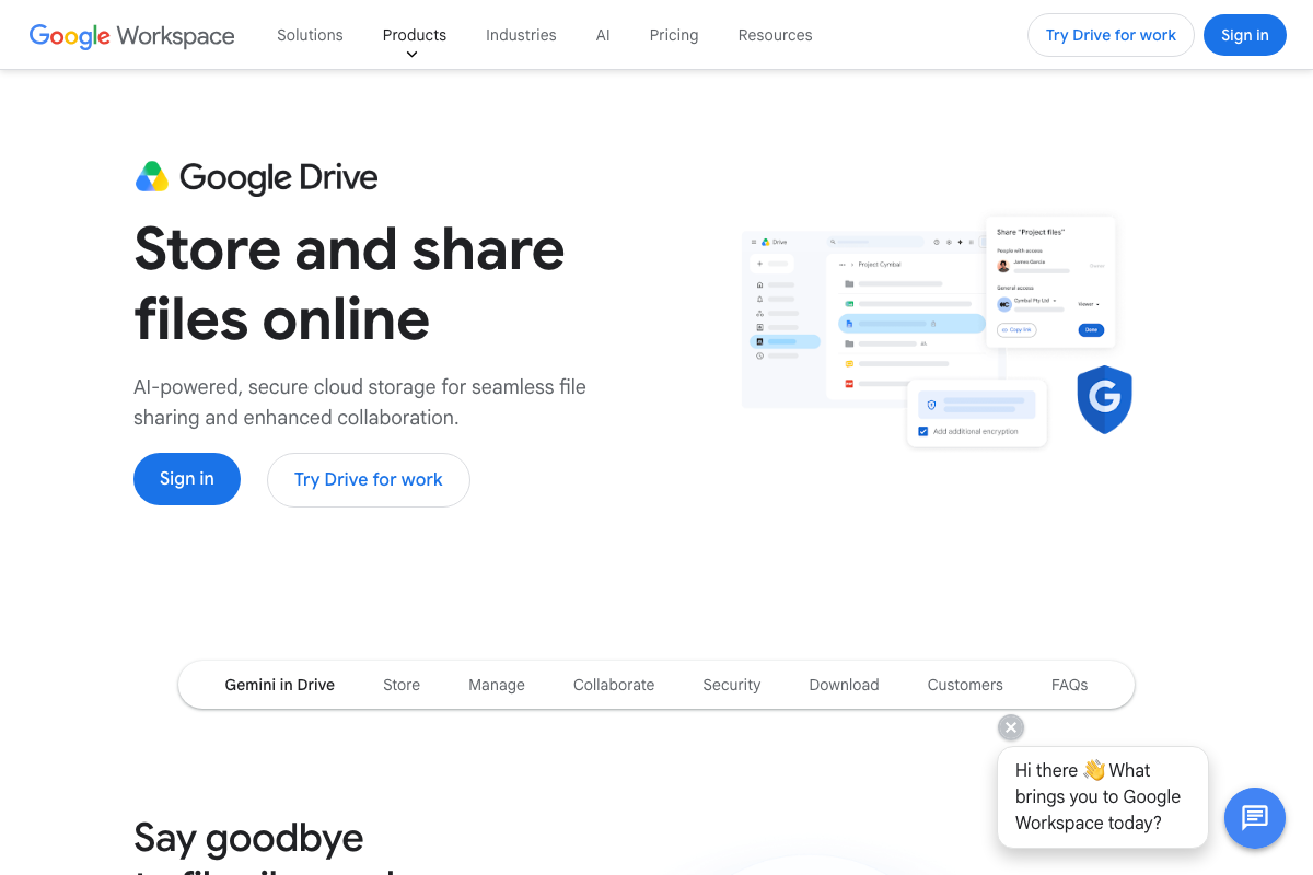 Google Drive homepage confirming it as a cloud storage and sharing platform suited for distributing template files.