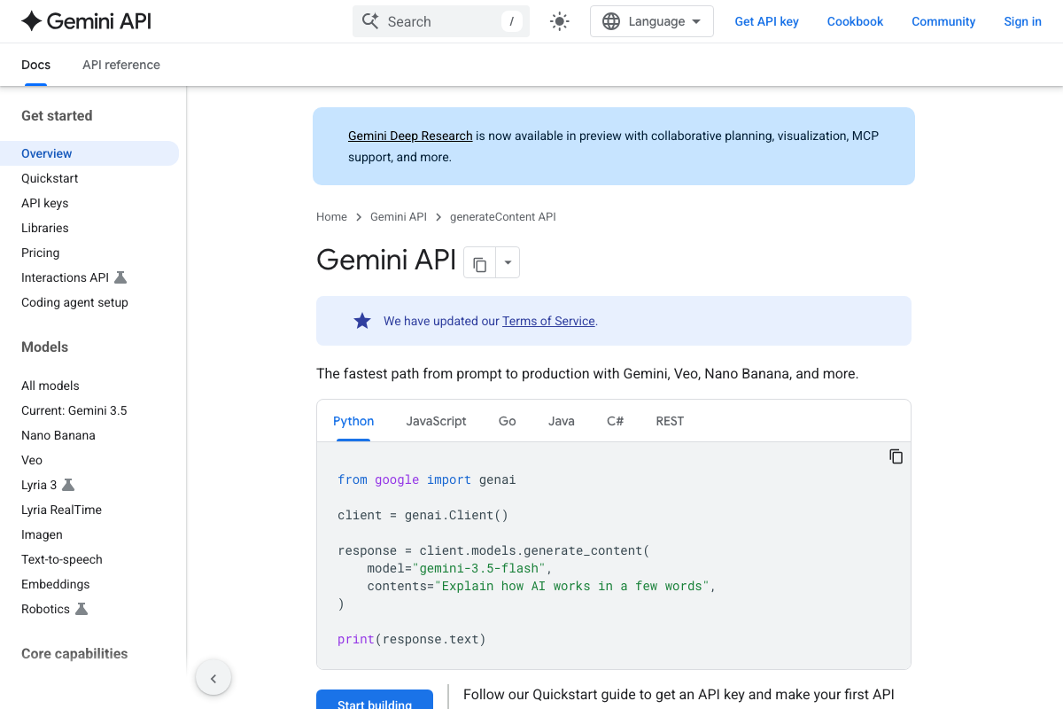 Gemini API overview page with 'Current: Gemini 3.5' in the sidebar and a quickstart code sample using model='gemini-3.5-flash'.