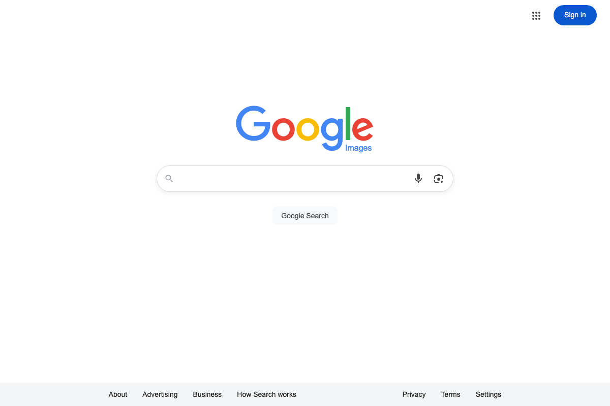 Google Images homepage (images.google.com) confirming the dedicated image search surface the bonus step targets