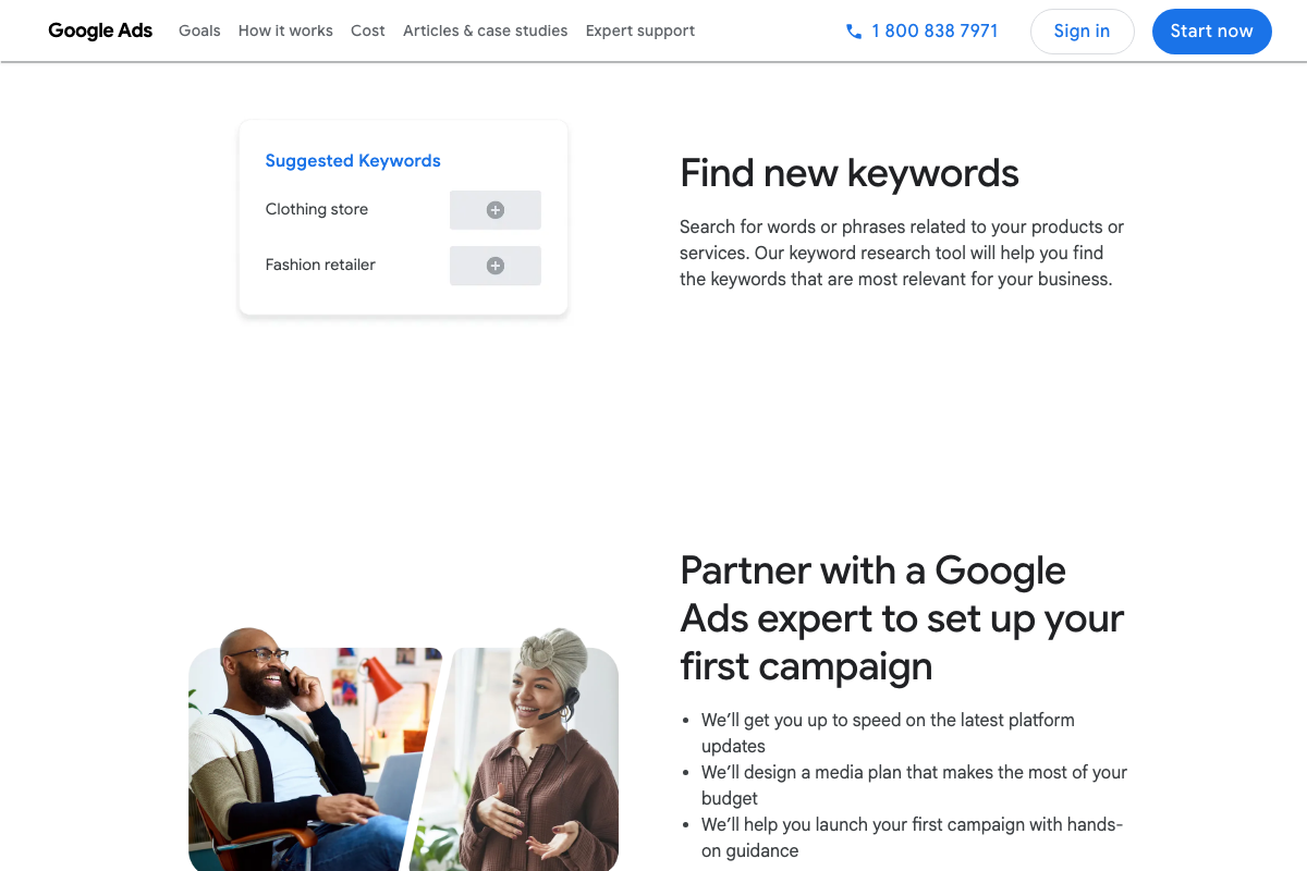 Keyword Planner 'Find new keywords' section confirming relevance sorting exists — the 500-result cap stated in the tutorial is not confirmed by official documentation