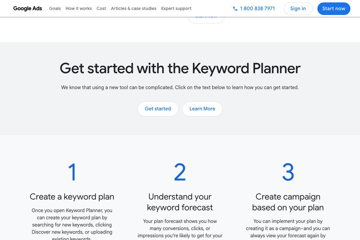 Keyword Planner's official three-step workflow — the tutorial uses only Step 1 (keyword discovery) and exits before the forecast and campaign-creation steps