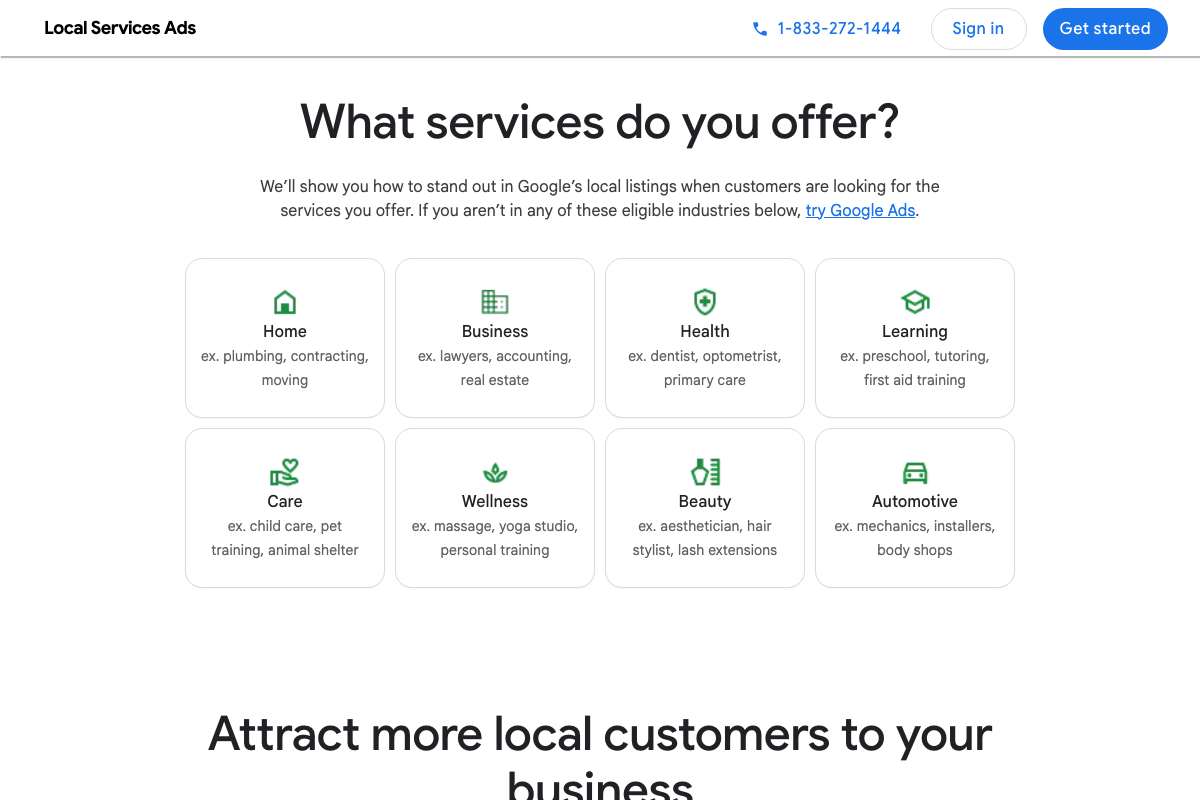 Google Local Services Ads — 'Home' category examples include plumbing, contracting, and moving; tree service is not explicitly listed (captured 2026-05-01)