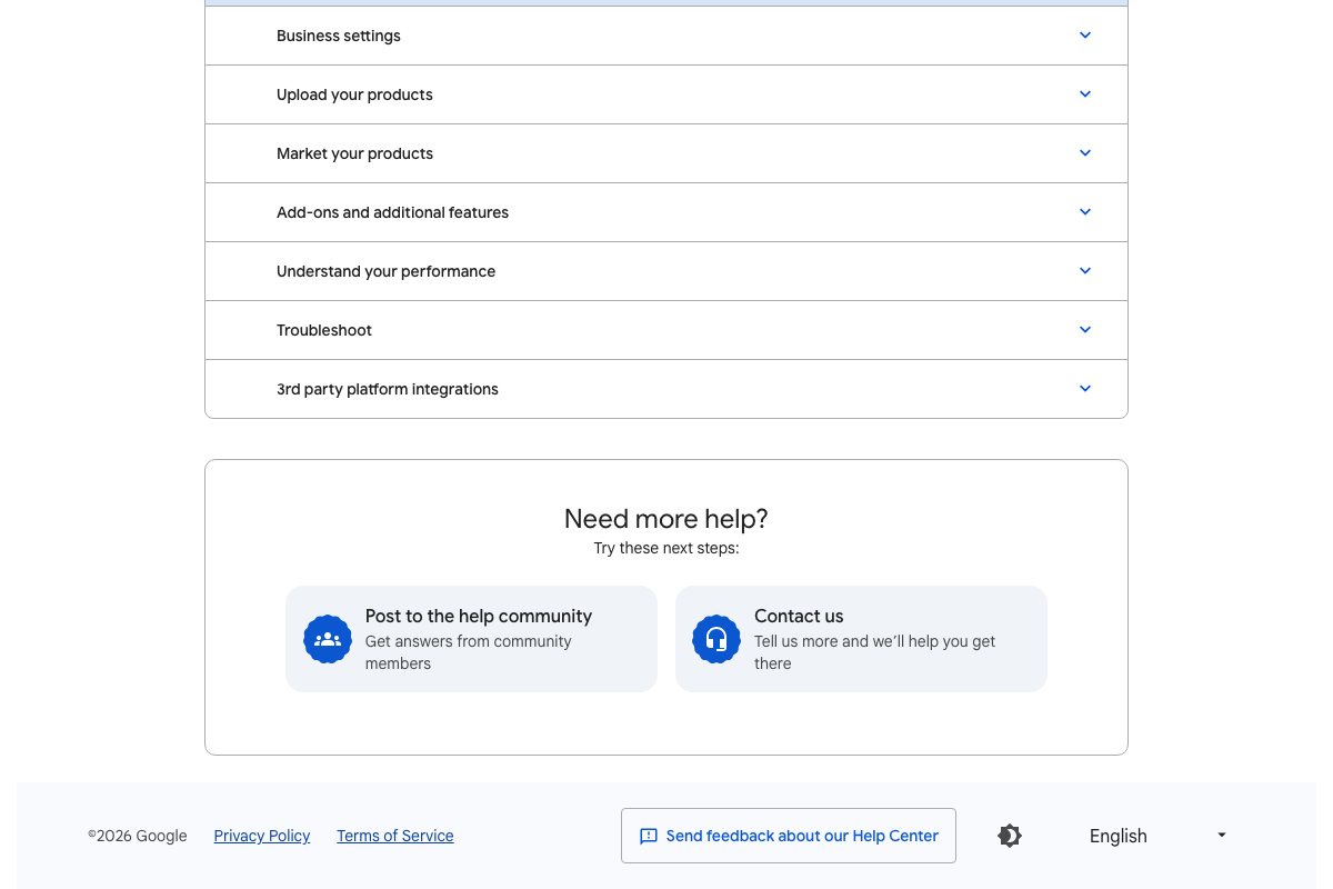 Google Merchant Center Help topic list showing