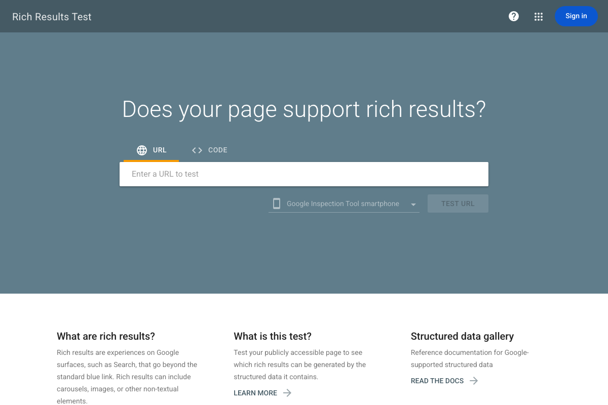 Google Rich Results Test (search.google.com/test/rich-results) confirming URL and CODE input modes for step 8's structured data comparison — note the default mobile rendering context.